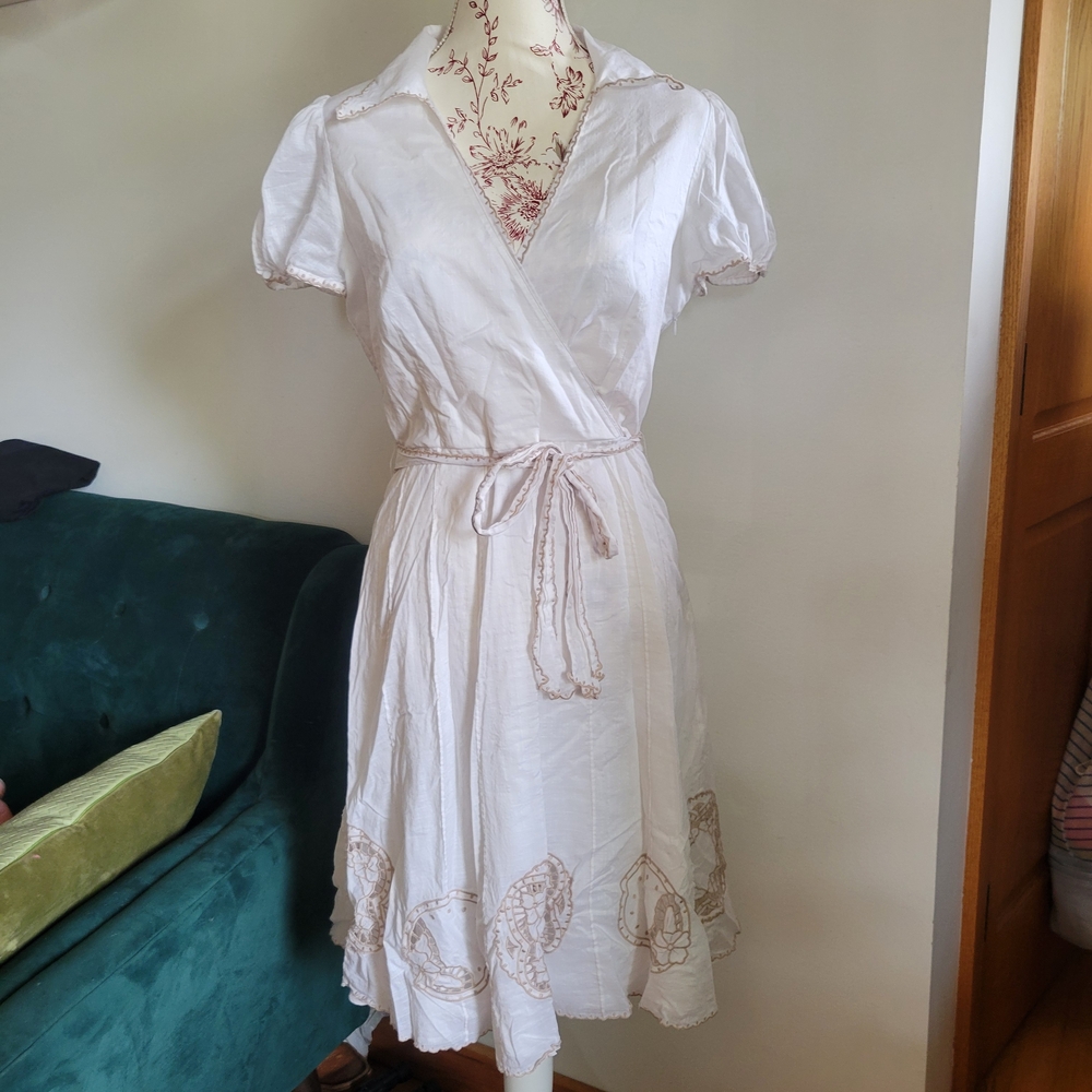 BCBGMaxAzria Cream and Brown Wrap Midi Dress Embroidery